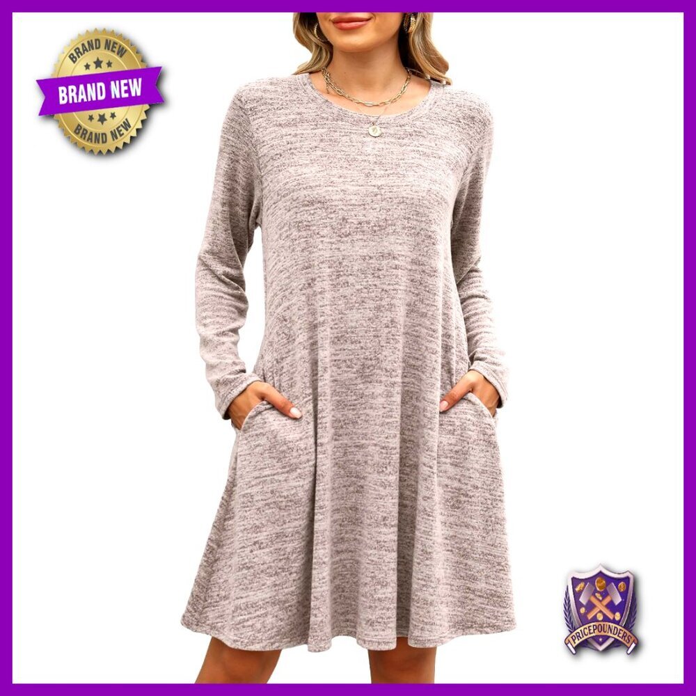 Plus Size Sweater Dress Long Sleeve Crew Neck Pockets Loose Fit Casual